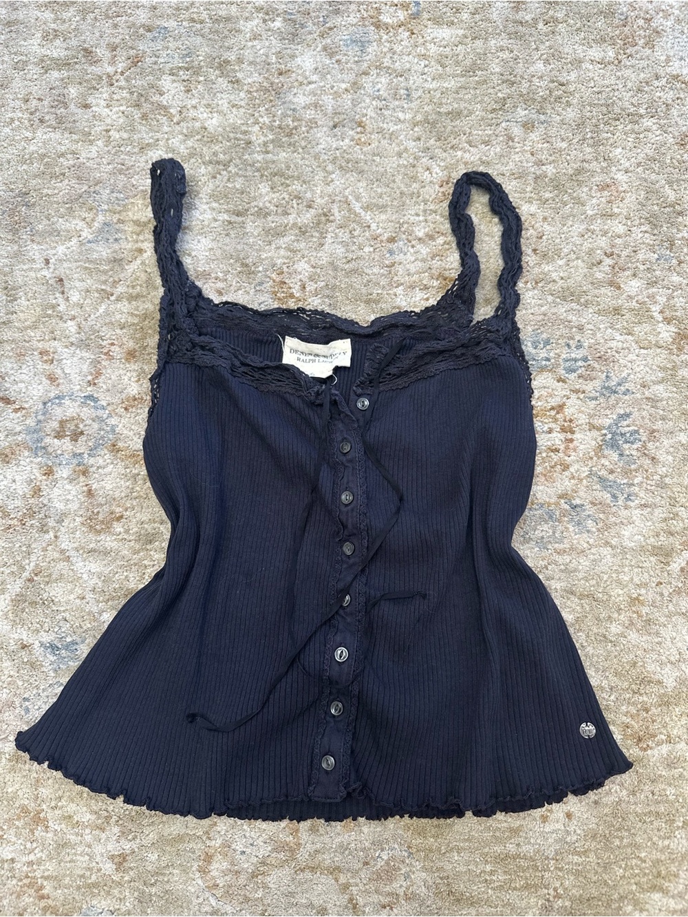 Ralph Lauren Navy Lace-Trim Ribbed Tank Top